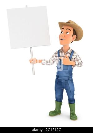3d farmer holding blank sign board, illustration with isolated white background Stock Photo
