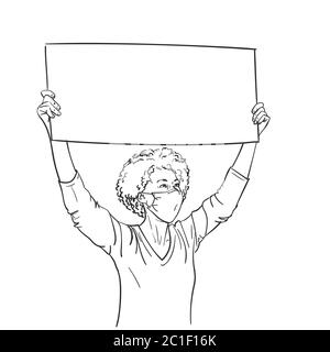 Protest. African american woman in medical face mask showing empty sign board. Vector sketch, Hand drawn linear illustration Stock Vector
