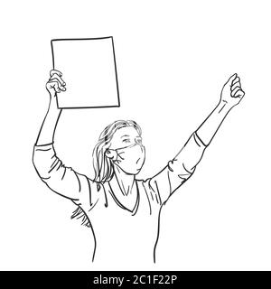 Protest. Woman in medical face mask showing blank sign board and fist. Human rights at coronavirus pandemic time. Vector sketch, Hand drawn linear ill Stock Vector