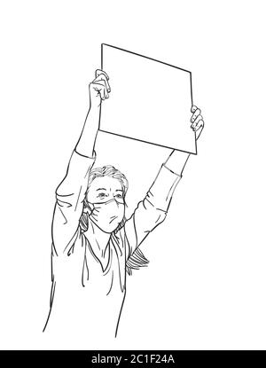 Woman in medical face mask holding blank sign board during protest. Human rights at coronavirus pandemic time. Vector sketch, Hand drawn linear illust Stock Vector