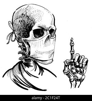 Human skeleton in medical mask pointing finger. Ink black and white drawing Stock Photo