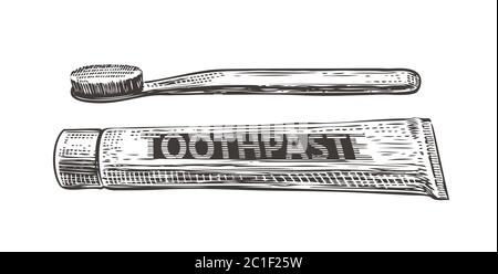 Toothbrush and toothpaste hand-drawn sketch. Hygiene vector illustration Stock Vector