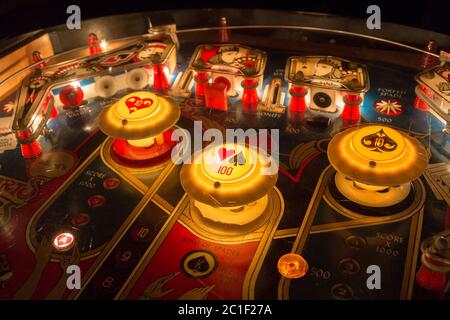 Pinball table close up view of vintage game machine Stock Photo