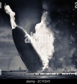 Hindenburg Explosion. The German airship explodes on its landing approach to the Lakehurst Naval Air Station. Thirty-six of the 97 people aboard were Stock Photo