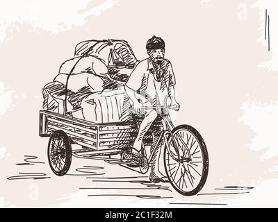 Sketch of cycle rickshaw delivery, Hand drawn Vector illustrationv Stock Vector
