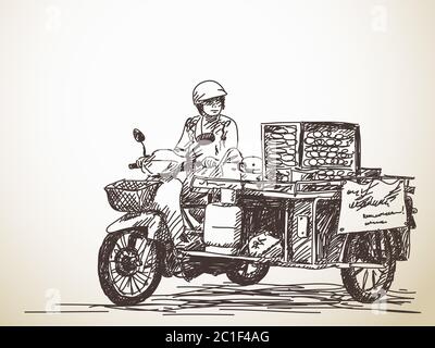 Asian street food on motorbike, Hand drawn vector sketch Stock Vector