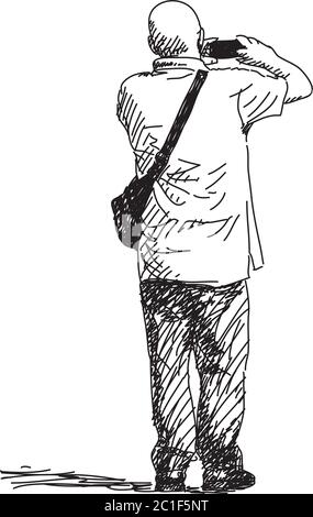 Bald man taking photo with smart phone, Hand drawn illustration, Vector sketch Stock Vector