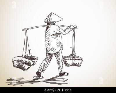 Woman carrying a yoke on her shoulder, Vector sketch, Hand drawn ...