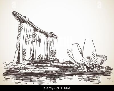 July 19, 2015: Marina Bay Sands hotel in Singapore. Hand drawn sketch. Vector illustration Stock Vector