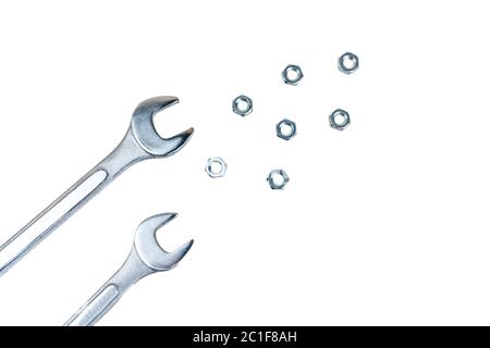 Spanners and screw nuts isolated on white background Stock Photo