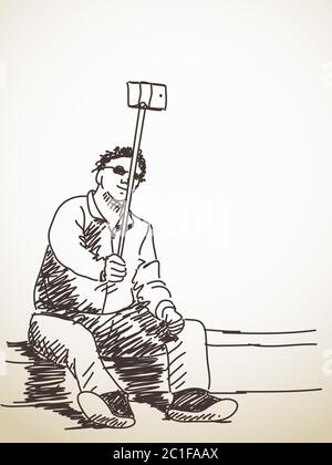 Siting man taking a selfie with smart phone, Hand drawn illustration sketch Stock Vector