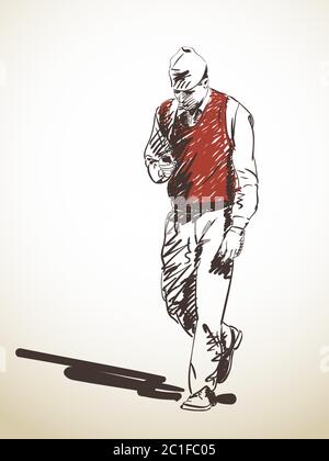Sketch of nepali man using mobile phone while walking, Hand drawn illustration Stock Vector