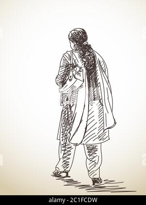 Sketch of walking woman in salwar kameez, Hand drawn illustration Stock ...