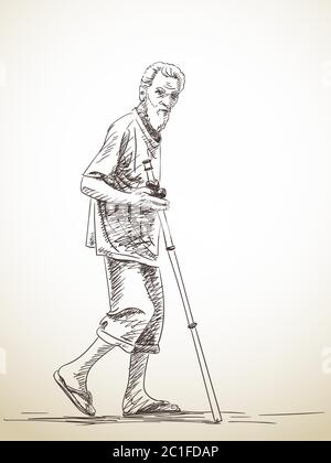 Old man walking with his walking stick, hand-drawn vector illustration ...