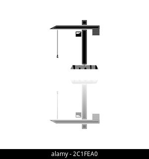 Building crane. Black symbol on white background. Simple illustration. Flat Vector Icon. Mirror Reflection Shadow. Can be used in logo, web, mobile an Stock Vector