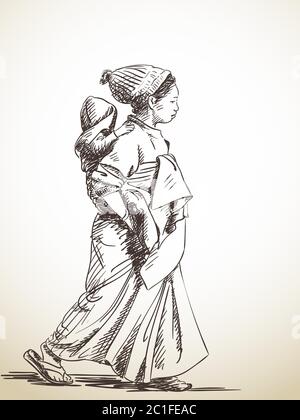 Sketch of woman carries baby on her back, Hand drawn illustration Stock Vector