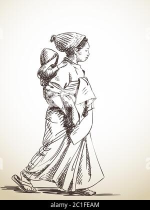 Sketch of woman carries baby on her back, Hand drawn illustration Stock Vector