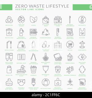 Zero waste line icons. Outline symbols isolated on white background. Recycling, reusable items, plastic free, save the Planet and eco lifestyle themes Stock Vector