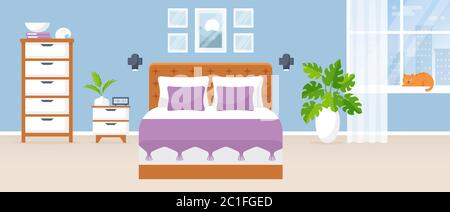 Bedroom interior. Vector illustration. Design of a modern room with double bed,  bedside table, drawer chest, window, and decor accessories. Home. Stock Vector
