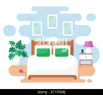 Bedroom interior. Modern banner. Vector. Design of a cozy room with double bed, bedside table, cute cat, and decor accessories. Home furnishings. Flat Stock Vector