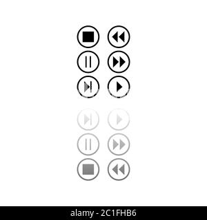 Video Audio Player buttons. Black symbol on white background. Simple illustration. Flat Vector Icon. Mirror Reflection Shadow. Can be used in logo, we Stock Vector