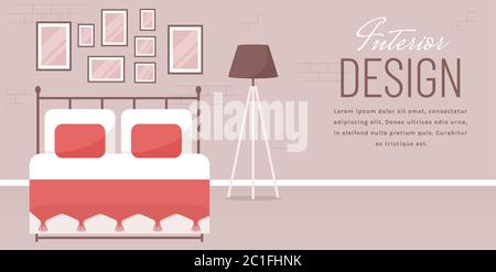 Bedroom interior. Vector web banner with place for text. Modern room design with double bed, lamp, and decor accessories. Home furnishings. Stock Vector