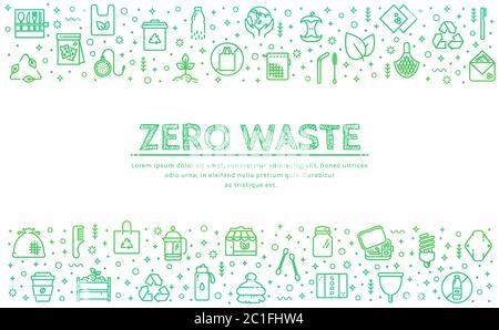 Zero waste banner. Recycling, reusable items, plastic free, save the Planet and eco lifestyle themes. Vector horizontal background with place for text Stock Vector