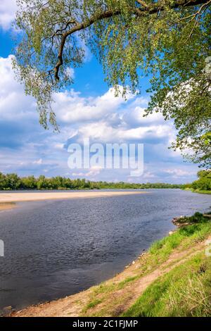 Panoramic view of Vistula river waters with sandy islands and shores of Lawice Kielpinskie natural reserve near Lomianki town north of Warsaw in centr Stock Photo