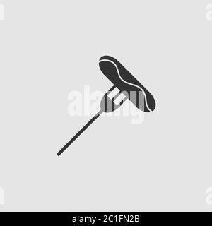 Sausage on fork icon flat. Black pictogram on grey background. Vector illustration symbol Stock Vector