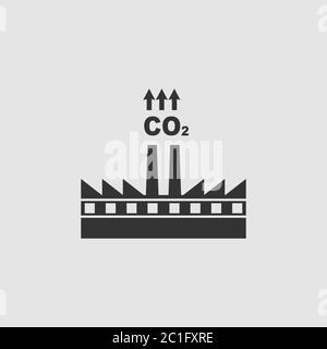 Factory with chimney polluting CO2 cloud smoke icon flat. Black pictogram on grey background. Vector illustration symbol Stock Vector