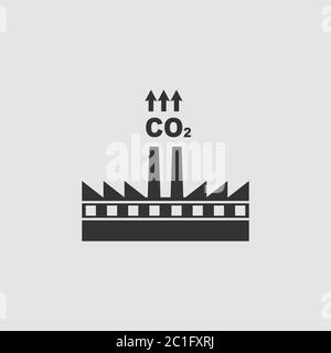 Factory with chimney polluting CO2 cloud smoke icon flat. Black pictogram on grey background. Vector illustration symbol Stock Vector