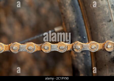 Mud dirty mountain bike chain details Stock Photo