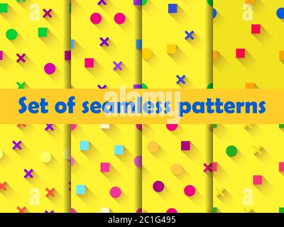 Set of seamless pattern with geometric shapes on a yellow background. Circle, square and cross with a long shadow in a minimalistic colorful style. Stock Vector