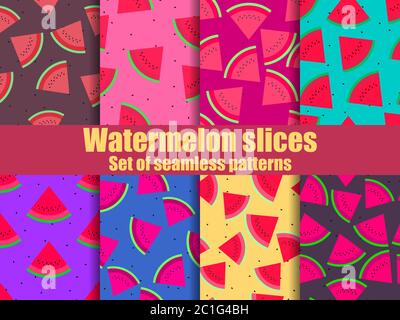 Watermelon set of seamless pattern. Triangular slices of watermelon. For brochures, promotional material and wallpaper. Vector illustration Stock Vector