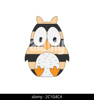 Children's drawing of a striped owl. Simple vector illustration for theme design, isolated on white background Stock Vector