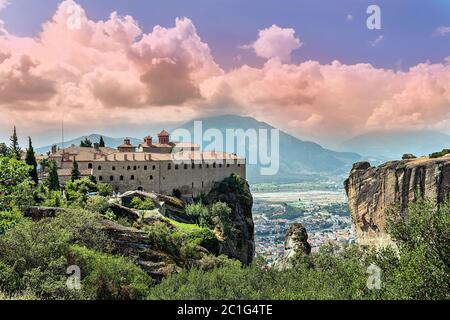 Kalabaka, Greece - September 9, 2014: Tourists visiting The Holy Monastery of St. Stephen, Meteora Greece. It has small church built in the 16th centu Stock Photo