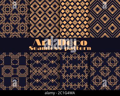 Art deco set of seamless pattern. Retro backgrounds, gold and black color. Style 1920's, 1930's. Lines and geometric shapes. Vector illustration Stock Vector