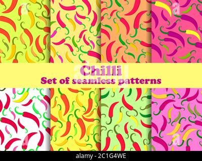 Chili pepper set of seamless patterns. Spice that piquants dishes. Background for menu, print advertising products, wrapping paper and banners. Vector Stock Vector