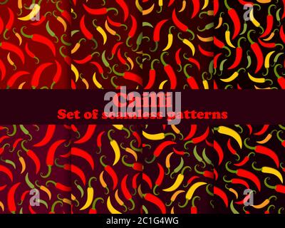 Chili pepper set of seamless patterns. Spice that piquants dishes. Background for menu, print advertising products, wrapping paper and banners. Vector Stock Vector