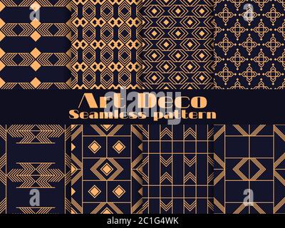 Art deco set of seamless pattern. Retro backgrounds, gold and black color. Style 1920's, 1930's. Lines and geometric shapes. Vector illustration Stock Vector