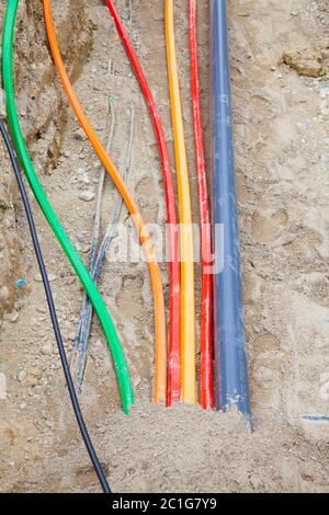 Construction site with glass fibre cables Stock Photo