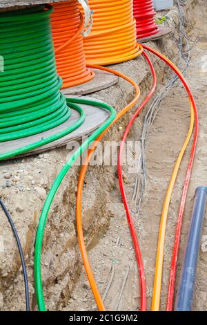 Construction site with glass fibre cables Stock Photo