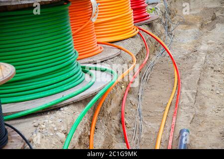 Construction site with glass fibre cables Stock Photo