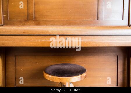 Old wooden vintage piano keys on wooden musical instrument in front view