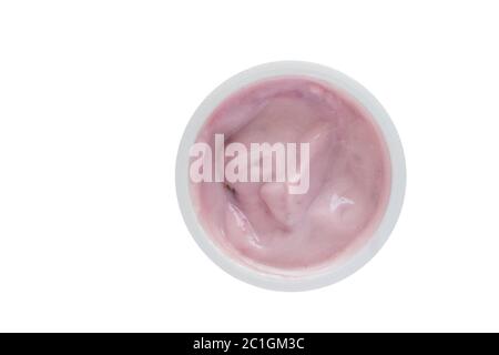 Yogurt in plastic cup - Top view photo of blue berry yoghurt isolated on white background Stock Photo
