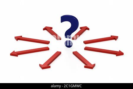 Question mark and many arrows with decision. Stock Photo