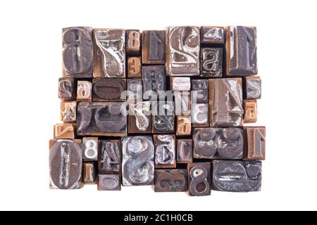 Old wooden block numbers isolated on white background Stock Photo