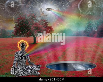 Spiritual composition. Man meditates in lotus pose in surreal landscape. Angels and eye of God Stock Photo