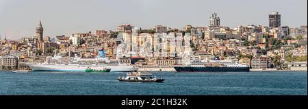 Istambul, Turkey - Sept 8, 2014: View at Istanbul cityscape with cruise ships at the dock in the harbor, Turkey, Stock Photo
