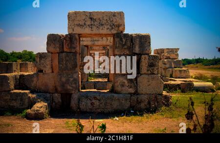 Remains of tribune Hippodrome in ancient columns excavation site in Tyre at Lebanon